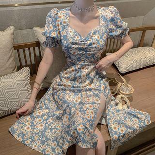 Floral Puff-sleeve Slit Midi A-line Dress