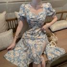Floral Puff-sleeve Slit Midi A-line Dress