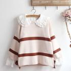 Layered Collar Shirt / Striped 3/4-sleeve Sweater / Set
