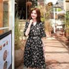 Elbow-sleeve Wrap-front Floral Dress