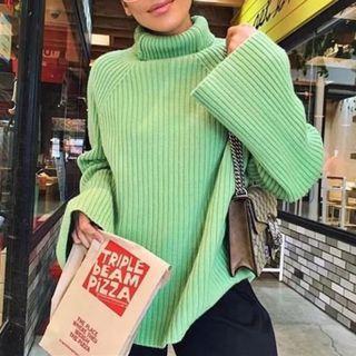 Bell-sleeve Mock Neck Ribbed-knit Loose-fit Sweater