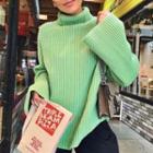 Bell-sleeve Mock Neck Ribbed-knit Loose-fit Sweater