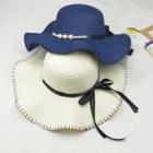 Faux Pearl Ribbon Bow Straw Hat