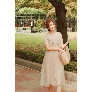 Set: Short-sleeve Dress + Spaghetti-strap Tulle Dress