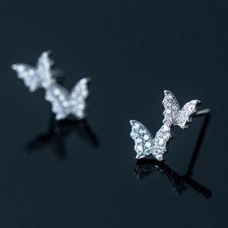 Butterfly Rhinestone Sterling Silver Ear Stud 1 Pair - S925 Silver - Silver - One Size