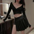 Cold Shoulder Long-sleeve Crop Top / Pleated Skort