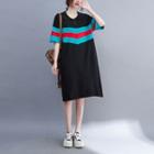 Polo-neck Color-block Striped Dress Black - One Size