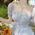 Short-sleeve Halter Floral Midi A-line Dress