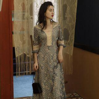 Lace Panel Floral Short-sleeve Midi A-line Dress