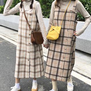 Long-sleeve Turtleneck T-shirt / Plaid Midi Jumper Dress