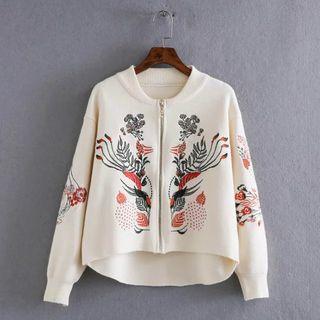 Embroidered Zip Knit Cardigan