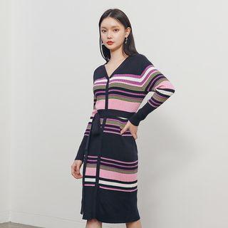V-neck Striped Knit Shirtdress With Sash