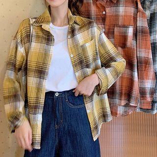 Gingham Over-sized Long-sleeve Shirt With Front Pocket
