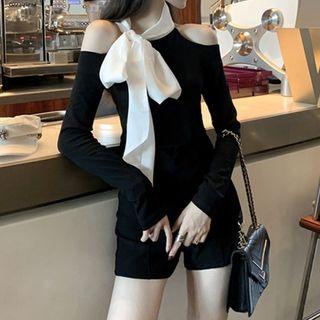 Tie-neck Cold-shoulder Long-sleeve Top / High-waist Shorts