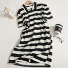 Striped Cut-out Puff-sleeve Dress