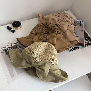 Bow Accent Knit Brim Straw Hat