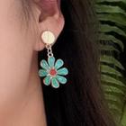 Glaze Flower Dangle Earring 1 Pair - 0670a - Silver Needle Earring - Green Daisy - Silver - One Size