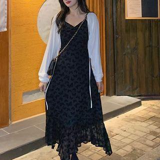 Long-sleeve Shrug / Spaghetti Strap Butterfly Midi Dress