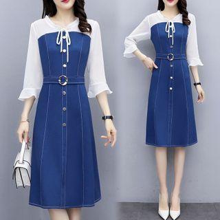 Mock Two-piece Elbow-sleeve Paneled Midi Dress