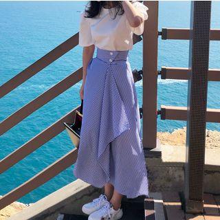 Short-sleeve Top / Striped Asymmetric Midi Skirt / Set: Short-sleeve Top + Striped Asymmetric Midi Skirt