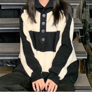 Turtleneck Two-tone Henley Sweater Stripe - Black & White - One Size