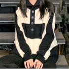 Turtleneck Two-tone Henley Sweater Stripe - Black & White - One Size