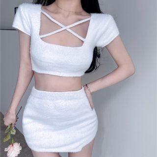 Short-sleeve Cross Strap Knit Crop Top / Mini Pencil Skirt