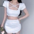 Short-sleeve Cross Strap Knit Crop Top / Mini Pencil Skirt