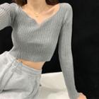 Heart-neckline Slim-fit Crop Knit Top In 4 Colors