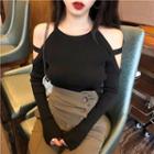 Plain Cutout Long-sleeve Top / High-waist Dress Pants