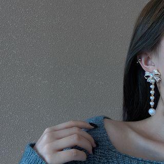 Bow Faux Pearl Dangle Earring 1 Pair - E2804 - Gold - One Size