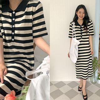 Stripe Knit Midi Polo Dress Black - One Size
