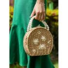 Faux-pearl Flower Rattan Hand Bag Brown - One Size