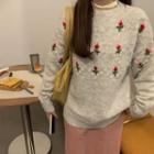 Long-sleeve Floral Printed Knit Sweater Gray - One Size