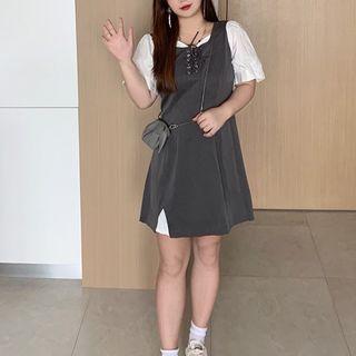 Plus Size Short-sleeve Lace-up A-line Dress