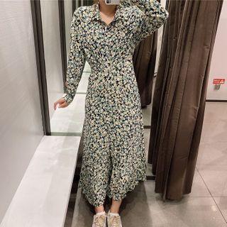 Long-sleeve Floral Print Maxi Shirtdress