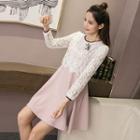 Mock Two-piece Lace Panel Long-sleeve A-line Dress