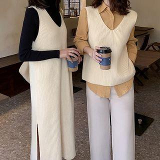 Knit V-neck Vest / Side-slit Midi Suspender Skirt