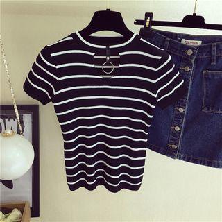 Cut Out Front Striped Short Sleeve Knit Top