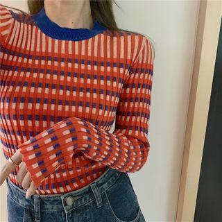 Striped Long-sleeve Knit Top Tangerine - One Size