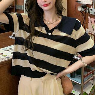 Striped Short Sleeve Polo Shirt Stripe - Black & White - One Size