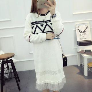Fringe Hem Patterned Sweater Dress