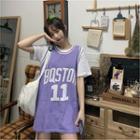 Lettering Numbers Sleeveless Round Neck T-shirt