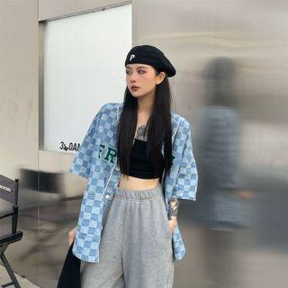 Elbow-sleeve Plaid Denim Baseball Jacket