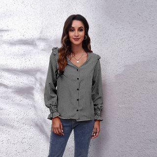 V-neck Button-up Patterned Blouse
