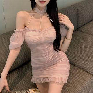 Cold Shoulder Mesh Mini Sheath Dress