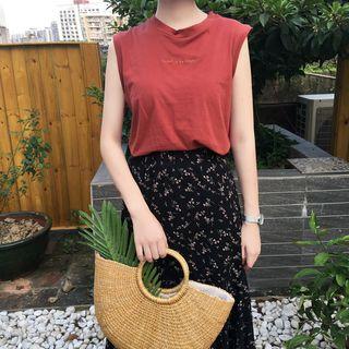 Letter Embroidered Tank Top / Floral Midi Skirt