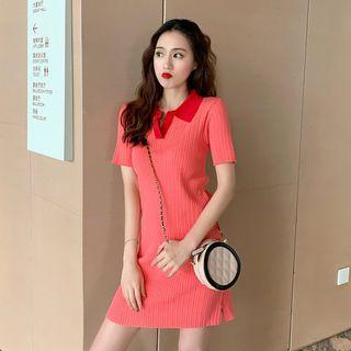 Half-placket Color-block Ribbed Knit Dress Pink - One Size