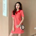 Half-placket Color-block Ribbed Knit Dress Pink - One Size