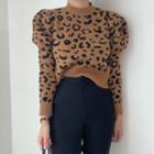 Puff-sleeve Leopard Print Cropped Sweater